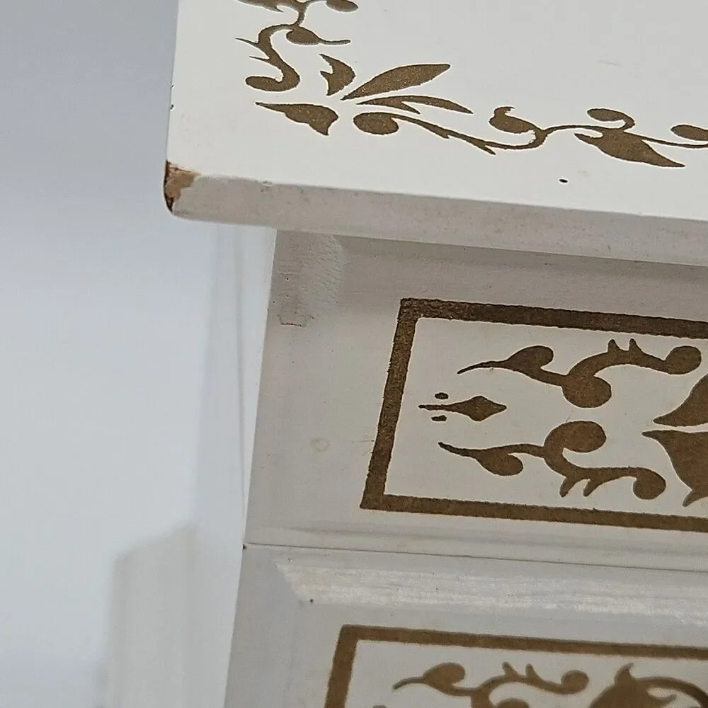 Wooden Jewelry Box White And Gold Filigree Velvet Lined
